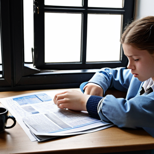 Home 6 **
A student nervously taking a translation exam, glancing at a wristwatch. Papers are scattered on the desk. A window shows a typical grey Dutch day. The overall mood is stressed and anxious, representing the time pressure. The scene incorporates subtle Dutch cultural elements, like a Delftware pen holder.
**