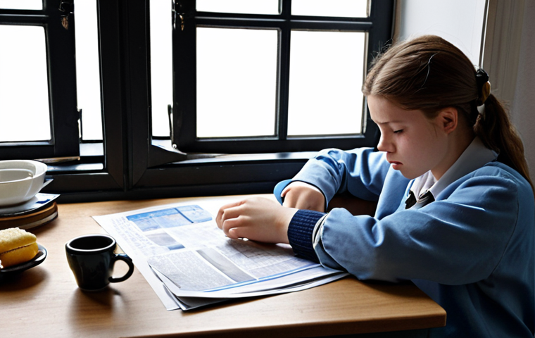 **
A student nervously taking a translation exam, glancing at a wristwatch. Papers are scattered on the desk. A window shows a typical grey Dutch day. The overall mood is stressed and anxious, representing the time pressure. The scene incorporates subtle Dutch cultural elements, like a Delftware pen holder.
**