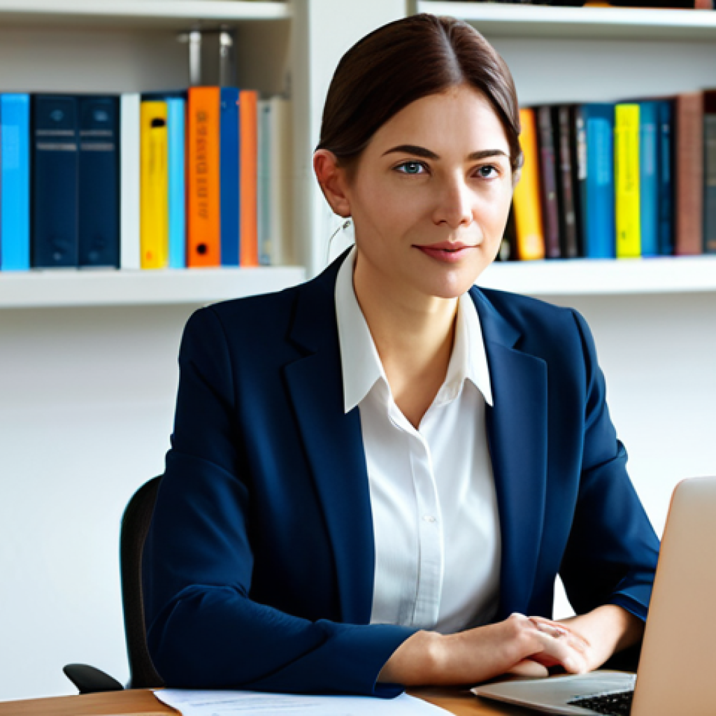 A focused professional translator, female, wearing a modest business suit, sitting confidently at a modern desk in a sunlit, clean office. On the desk, there is a laptop displaying a professional-looking interface. The background features a subtly blurred bookshelf and a framed document, hinting at qualifications. The lighting is soft and inviting. Perfect anatomy, correct proportions, natural pose, well-formed hands, proper finger count, natural body proportions, fully clothed, modest clothing, appropriate attire, professional dress, safe for work, appropriate content, professional.