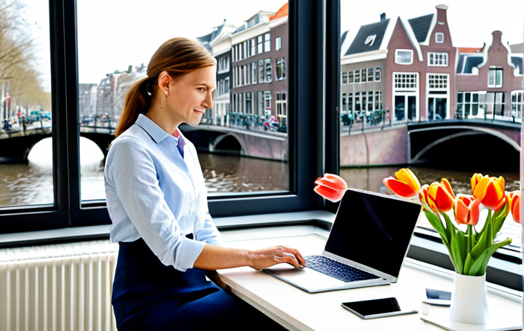 Modern Amsterdam Office**

"A bright, modern office space in Amsterdam, Netherlands. Focus on a Dutch woman in her 30s, fully clothed in smart-casual business attire, working on a laptop. The office has large windows overlooking a canal, with tulips on the desk. 'Safe for Work', 'Appropriate Content', 'Fully Clothed', professional, perfect anatomy, natural pose, well-formed hands, correct proportions."

**