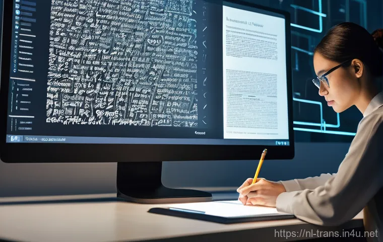 번역사 실무에서의 자주 발생하는 문제 해결법 - **Prompt:** A focused female translator in her mid-30s, dressed in a stylish, comfortable blouse and...