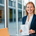 번역사 자격증 취득 후 연봉 상승 사례 - A confident, Dutch female language professional in her late 30s, dressed in stylish, modern business...