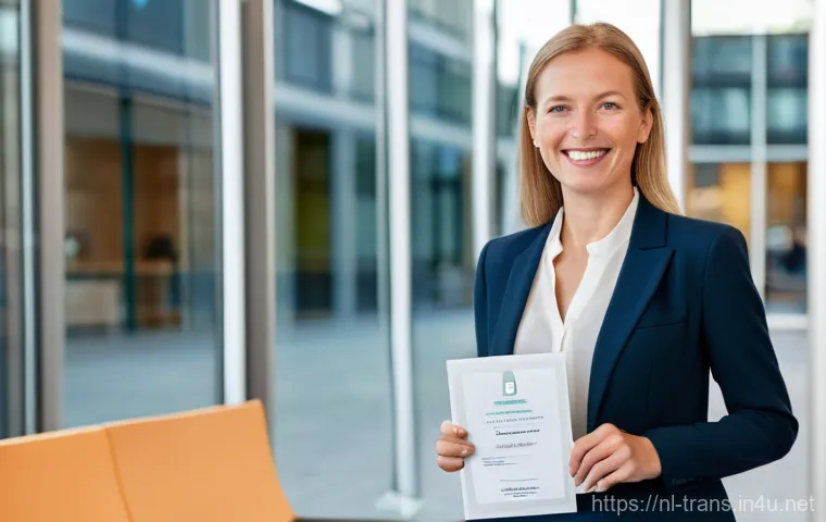 번역사 자격증 취득 후 연봉 상승 사례 - A confident, Dutch female language professional in her late 30s, dressed in stylish, modern business...