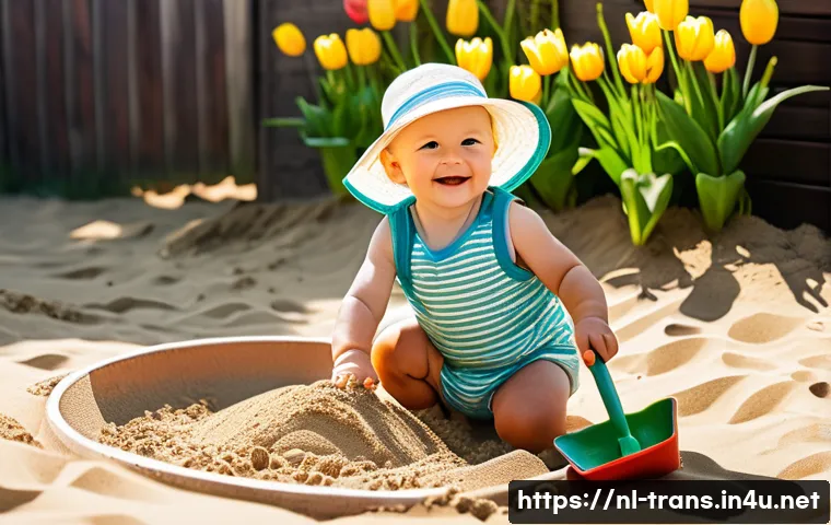 번역사 시험의 최신 출제 경향 - **A toddler playing in a sandbox on a sunny day in Amsterdam.** The child is wearing a colorful romp...