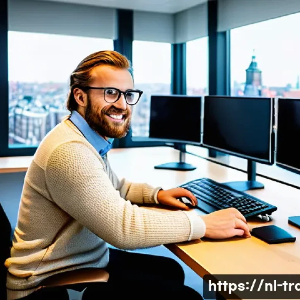 번역사 자격증 스펙으로서의 장점 - A professional Dutch translator working in a modern office space, surrounded by dual monitors displa...