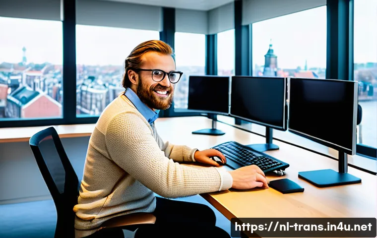 번역사 자격증 스펙으로서의 장점 - A professional Dutch translator working in a modern office space, surrounded by dual monitors displa...