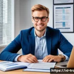 번역사 자격증의 가치와 장점 - A professional Dutch translator sitting at a modern office desk, surrounded by language dictionaries...