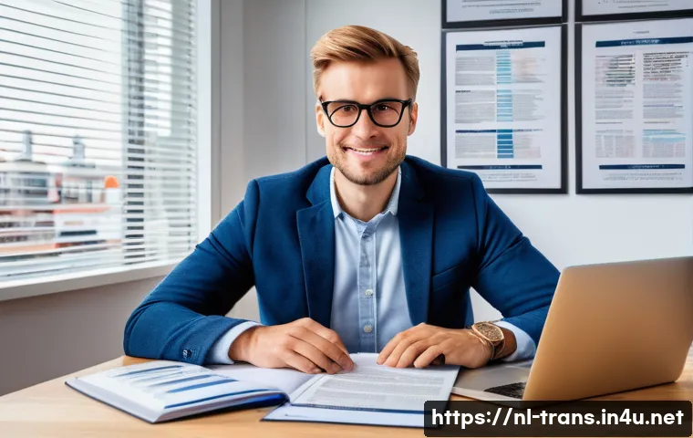 번역사 자격증의 가치와 장점 - A professional Dutch translator sitting at a modern office desk, surrounded by language dictionaries...