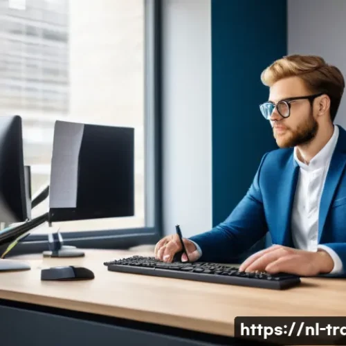 번역사 자격증으로 이직 성공 사례 - A professional Dutch translator sitting at a modern office desk with dual monitors displaying transl...