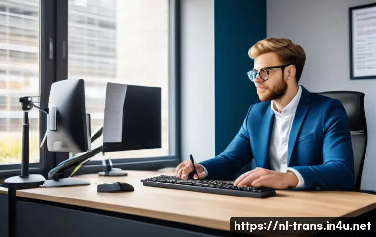번역사 자격증으로 이직 성공 사례 - A professional Dutch translator sitting at a modern office desk with dual monitors displaying transl...