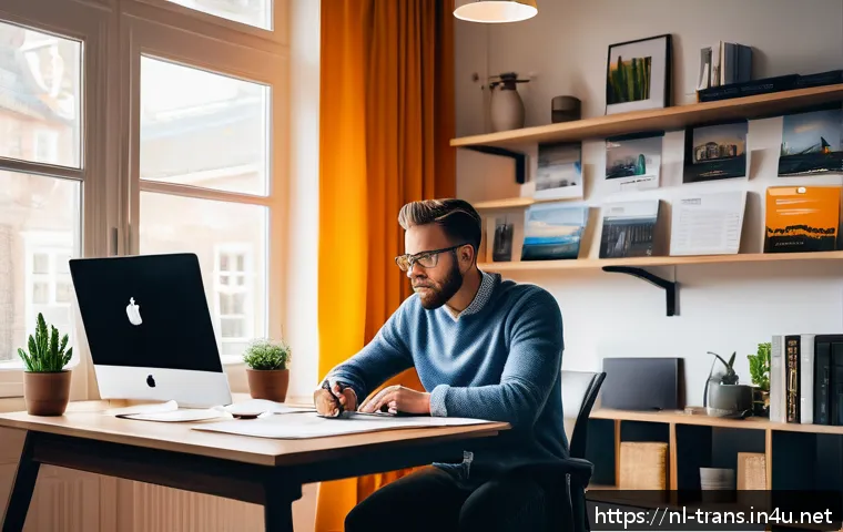 번역사 연봉 협상 시 유의점 - A professional freelance translator sitting at a modern desk in a cozy home office, surrounded by du...