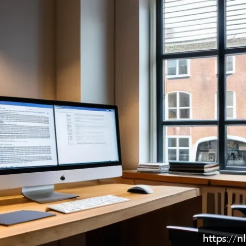 번역사 필기시험 핵심 이론 - A professional translator&rsquo;s workspace in a modern Amsterdam office, featuring a sleek desk with dual...