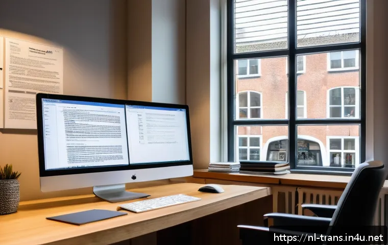 번역사 필기시험 핵심 이론 - A professional translator&rsquo;s workspace in a modern Amsterdam office, featuring a sleek desk with dual...
