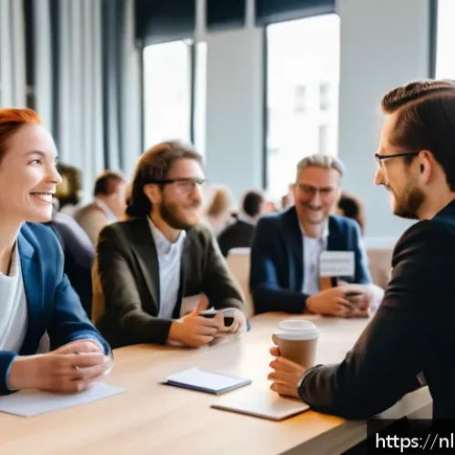 번역사 자격증 취득 후 네트워크 활용 방법 - A professional networking event for translators in Amsterdam, showing a diverse group of well-dresse...