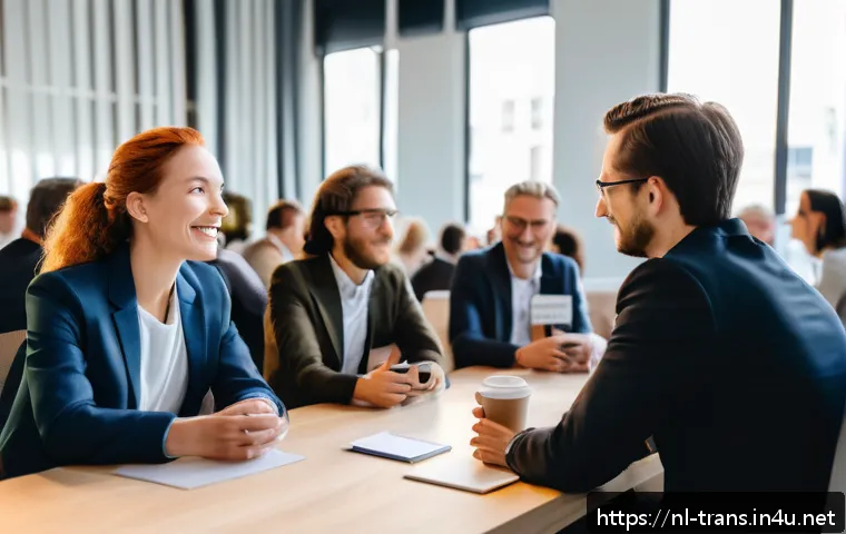 번역사 자격증 취득 후 네트워크 활용 방법 - A professional networking event for translators in Amsterdam, showing a diverse group of well-dresse...