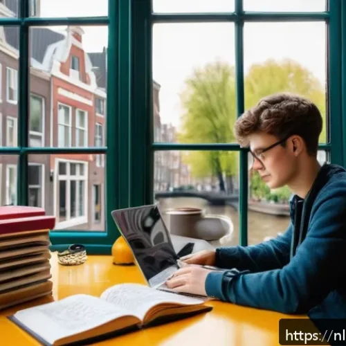 번역사 자격증 대비 학습법 - A cozy modern study room in Amsterdam with a young Dutch adult actively translating a news article o...