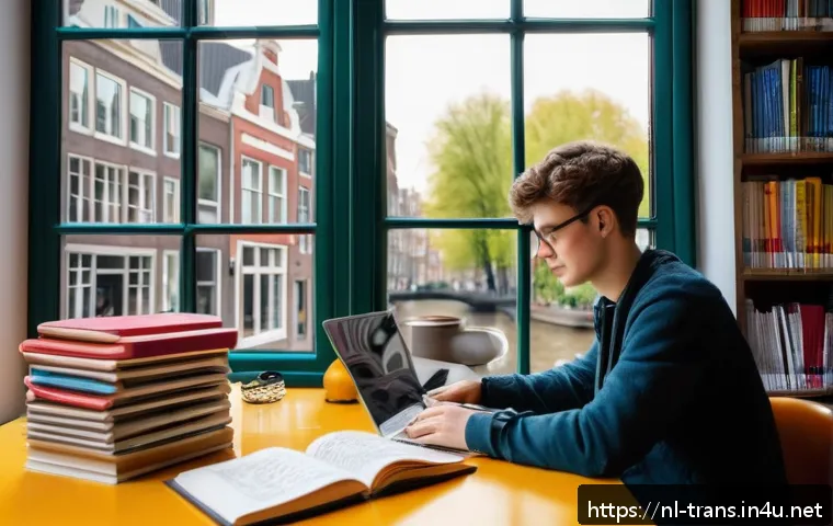 번역사 자격증 대비 학습법 - A cozy modern study room in Amsterdam with a young Dutch adult actively translating a news article o...