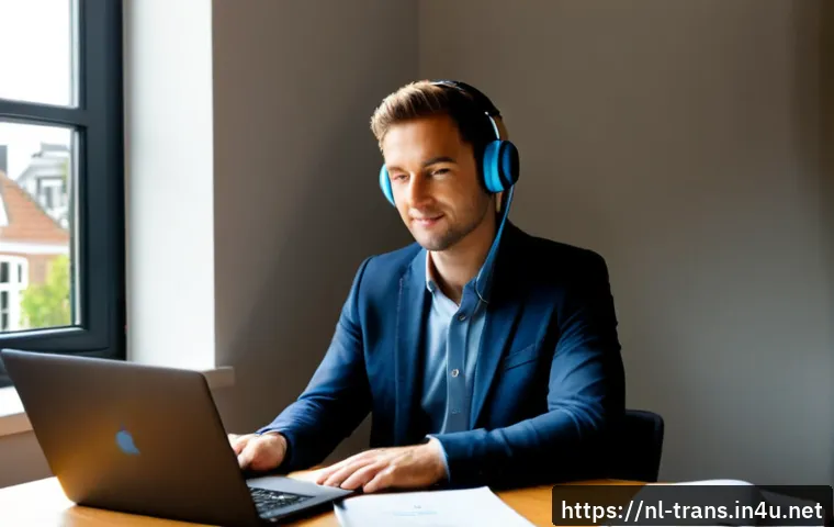 번역사 실무에서의 커뮤니케이션 기술 - Photorealistic professional translator in a bright Amsterdam home office, calmly conducting a video ...